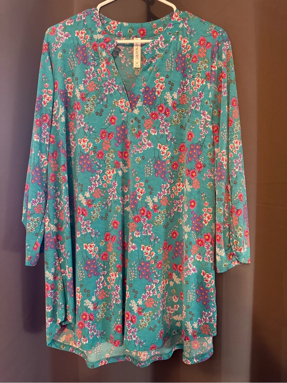 Dear Scarlett Floral Tunic Top Teal Multicolor Long Sleeve XL